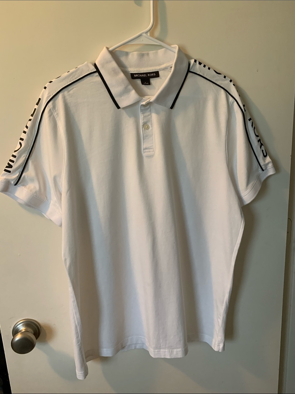 Michael Kors White Polo with Black Trim and Shoulder Logo Tape